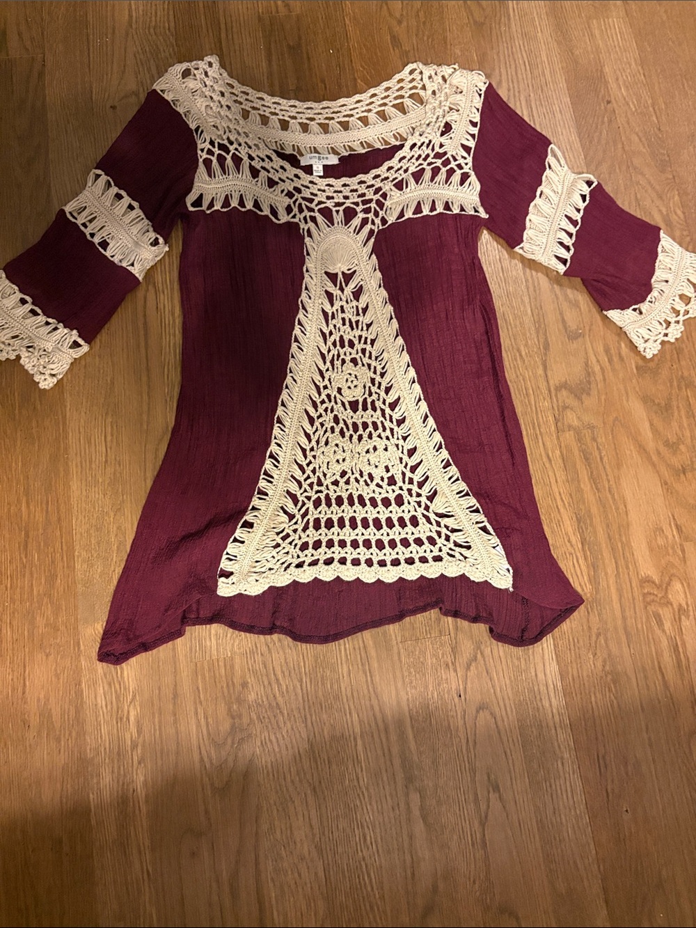 Umgee Burgundy Top with Cream Crochet Accents